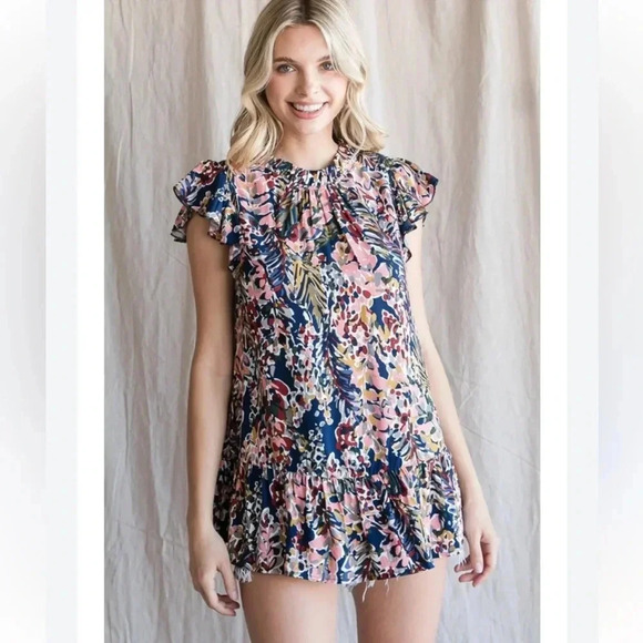 Jodifl Watercolor Ruffle Sleeve Floral Multicolor Blouse Top Women’s Size Medium - Picture 1 of 8